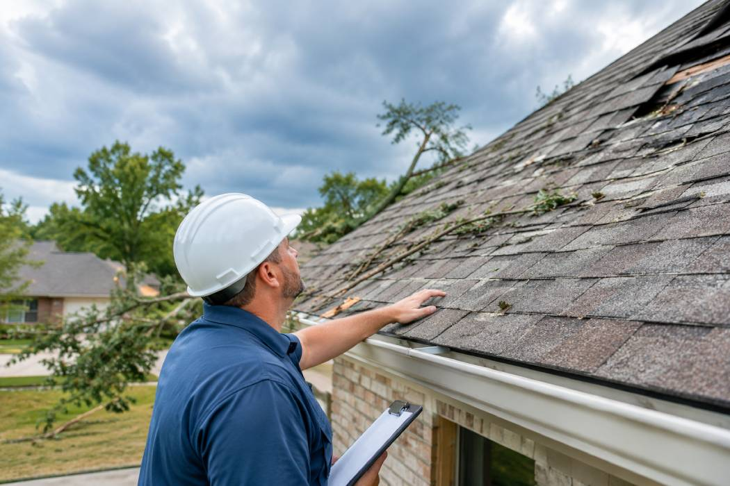 Roofing contractor inspecting shingles for hail damage on a DFW home