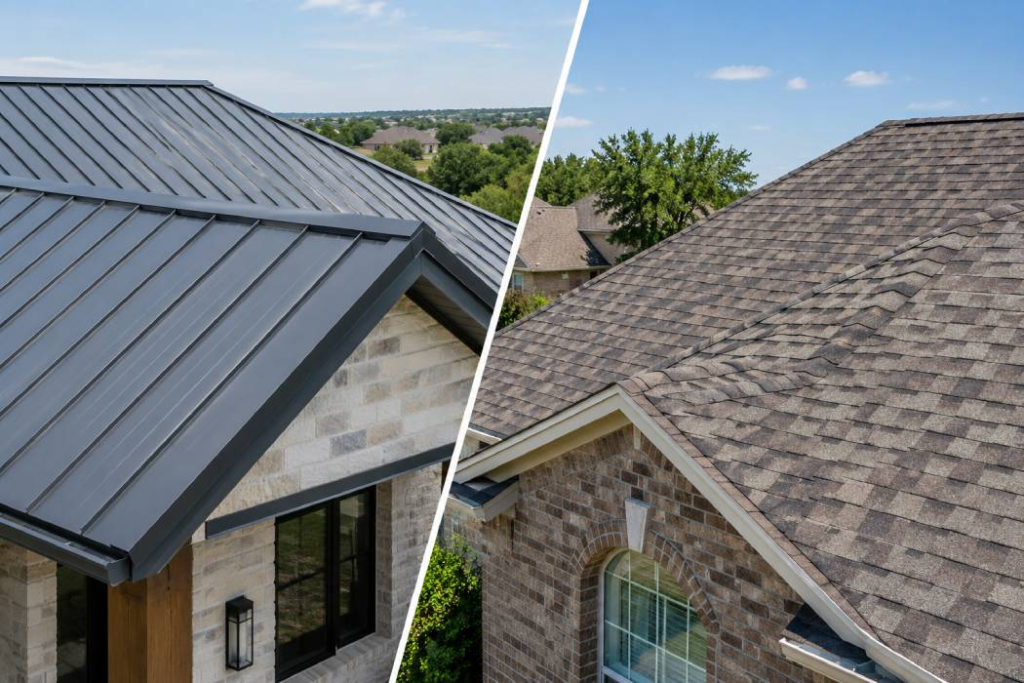 Side by side comparison of a metal roof and an asphalt shingle roof on Texas homes