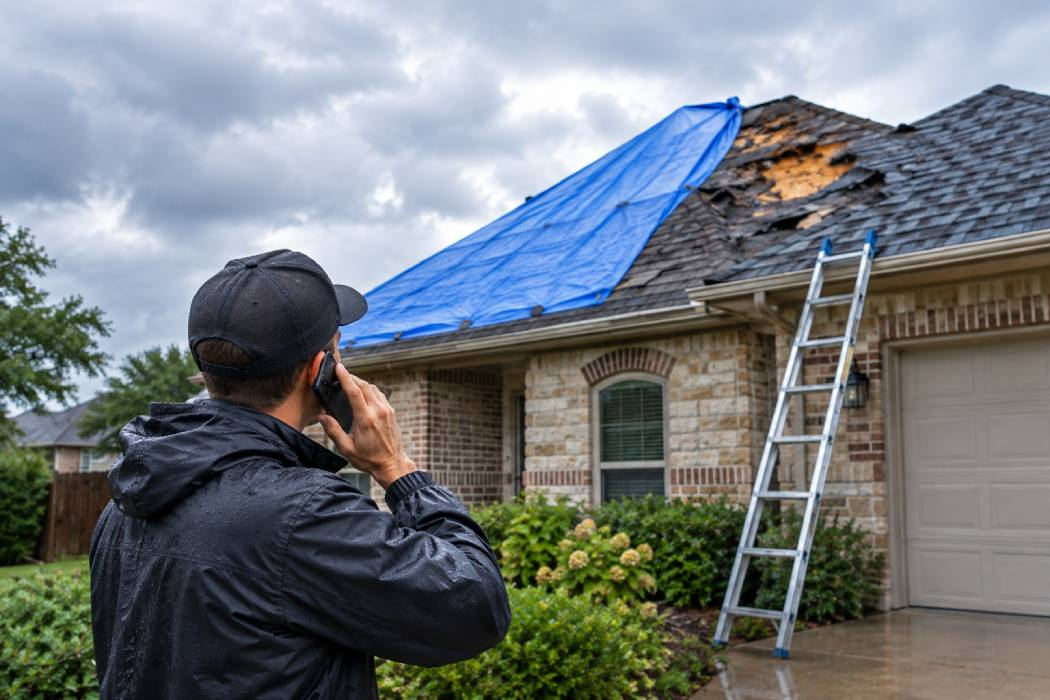Roofing contractor installing an emergency tarp on a storm damaged roof in Dallas Fort Worth
